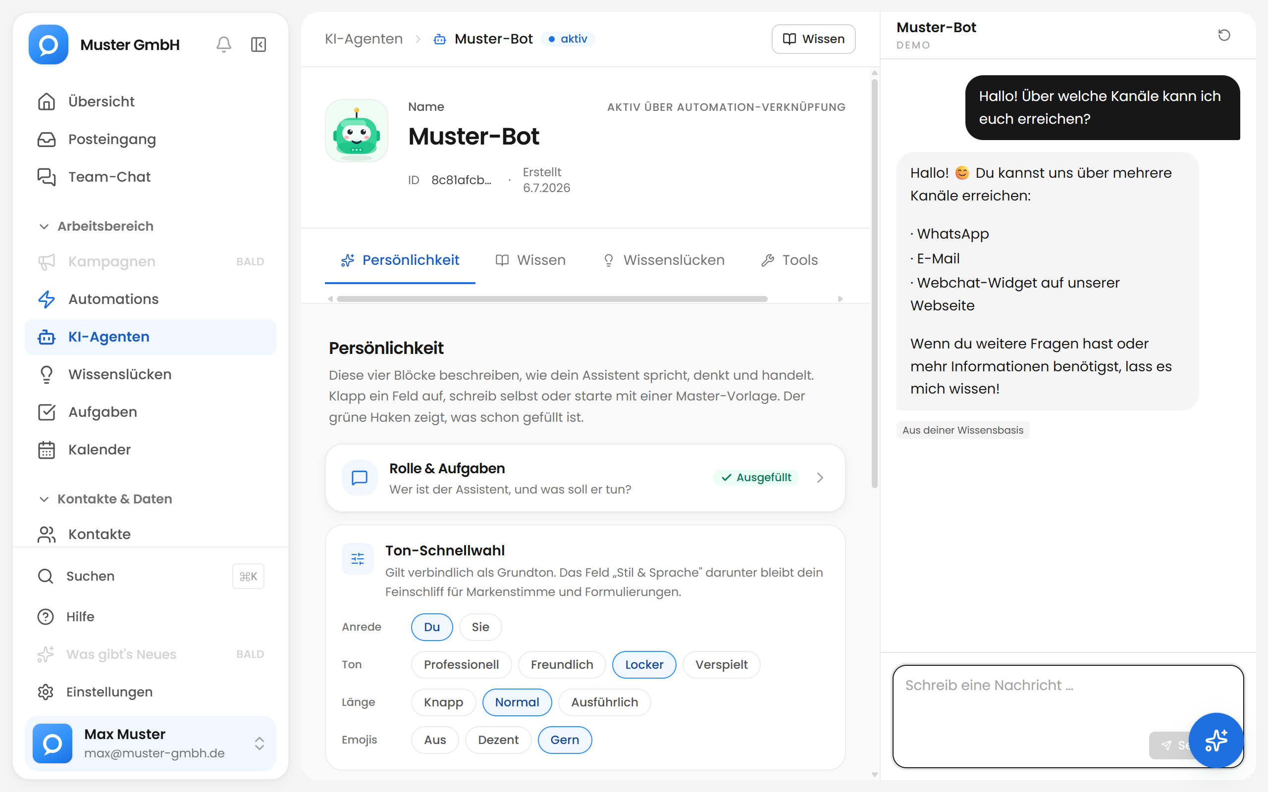 KI-Agent im Editor: Persönlichkeit und Ton einstellen, Wissen und Werkzeuge verbinden, im Test-Chat sofort ausprobieren.
