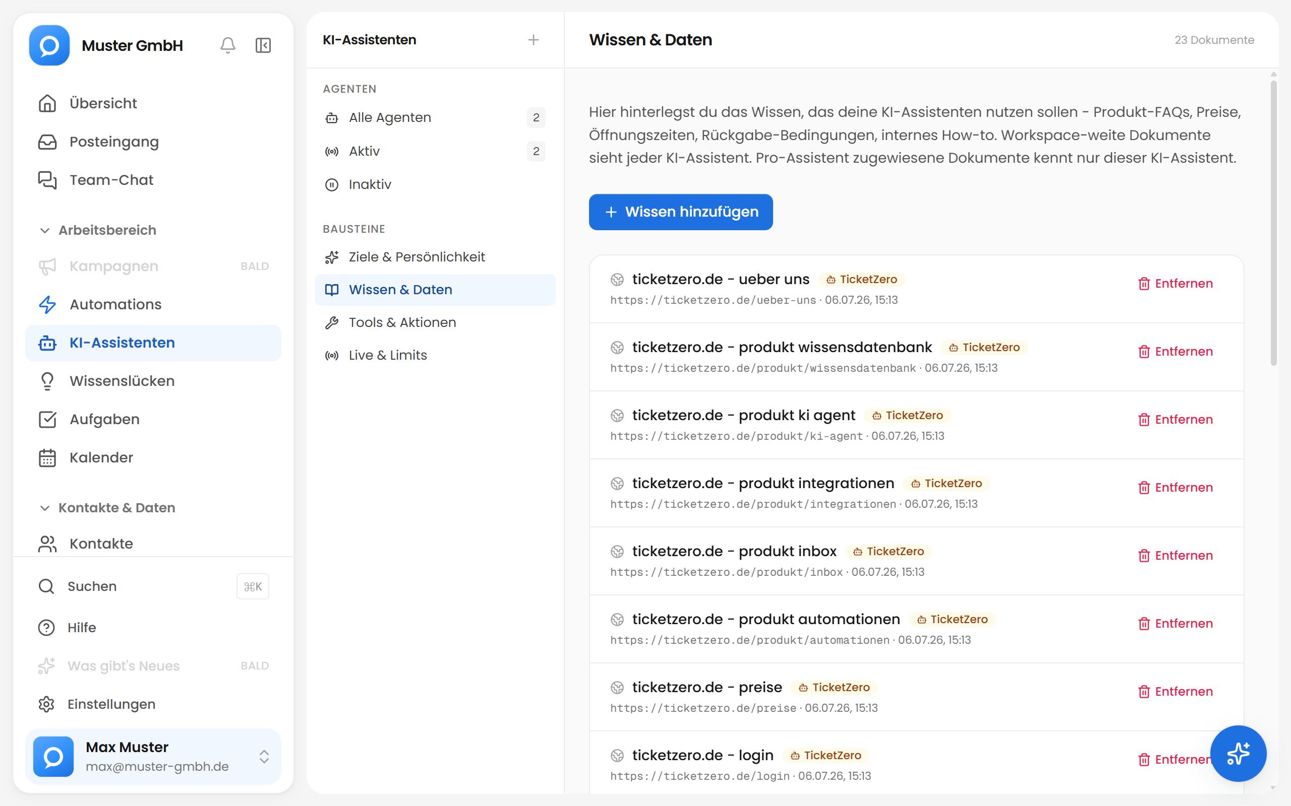 Wissens-Ansicht im Dashboard: hinterlegte Dokumente und eingelesene Website-Seiten, die der KI-Agent als Quelle nutzt.