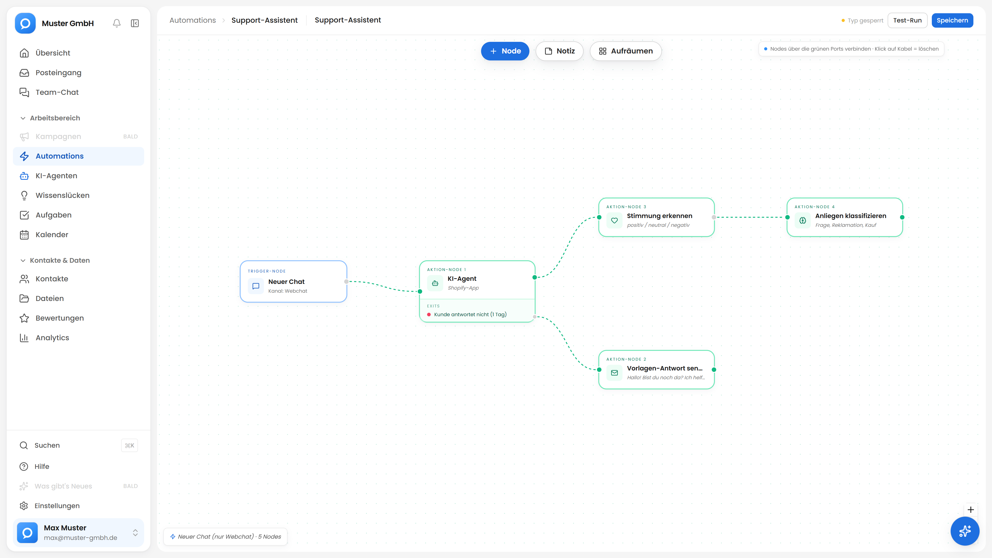 Automation im Builder: Neuer Chat startet den KI-Agenten, danach Stimmung erkennen und Anliegen klassifizieren, bei ausbleibender Antwort eine Erinnerung.